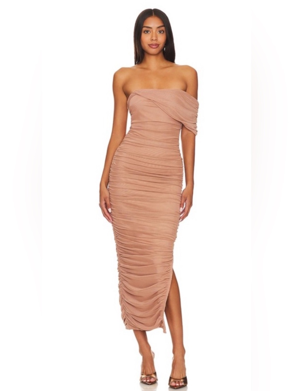 Elliatt Strapless Ruched Midi Dress in Blush Taupe
